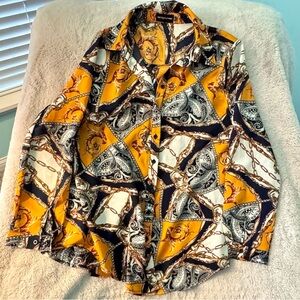 Pretty Little Thing Patchwork Chain Print Blouse  Women’s Size 4 Gold & Navy EUC